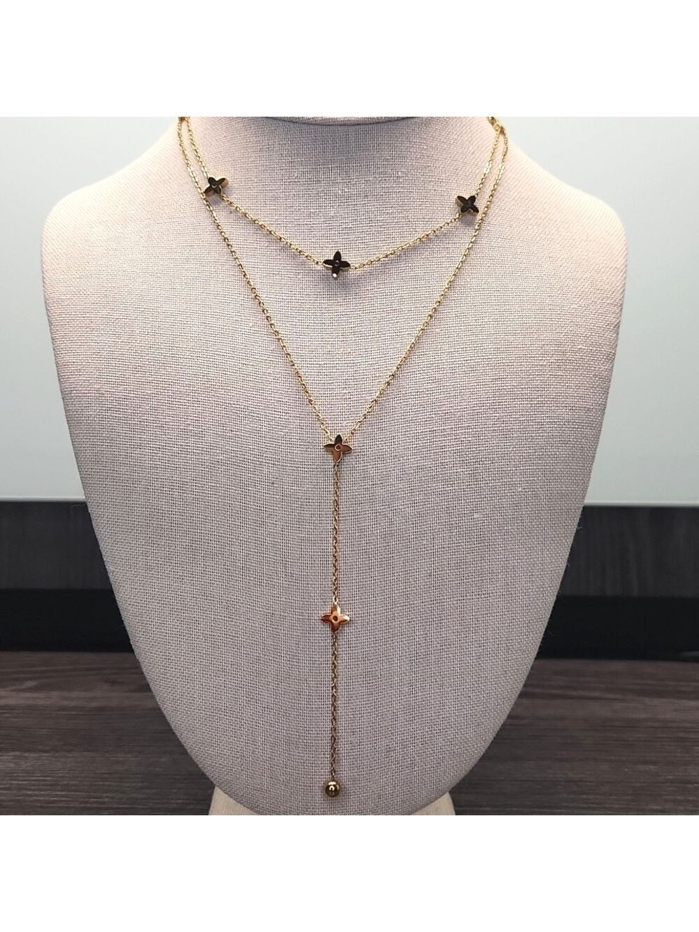 18k Gold Plated Stainless Steel Double Chain Clover/ Flower Necklace, Drop Chain